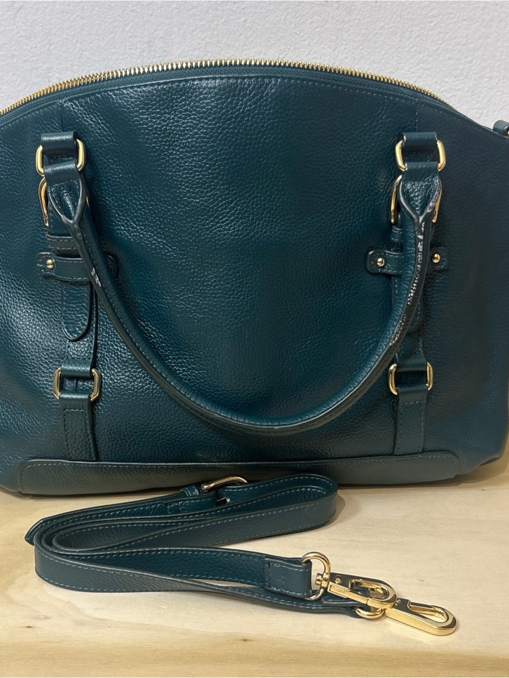 Ora Delphine Teal leather Satchel Purse with Detachable Strap